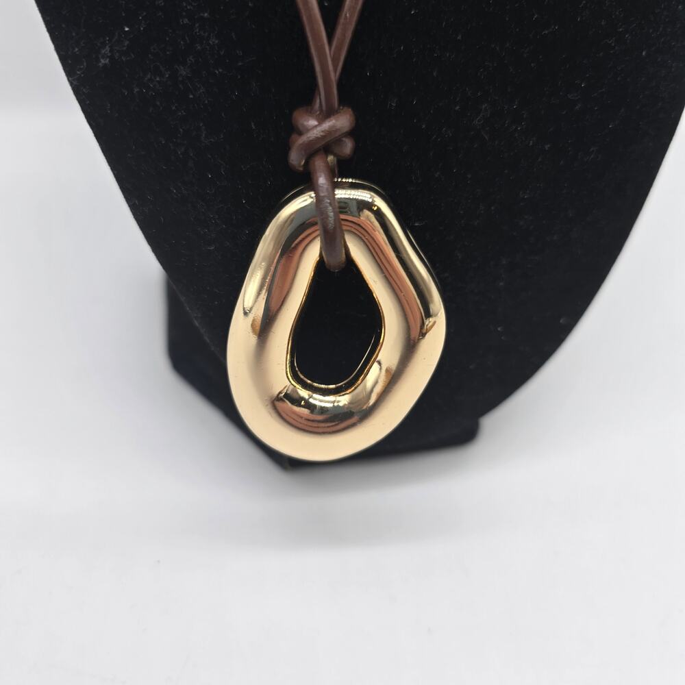 Atterri Brown Leather Cord Necklace and Gold Tone Pendant Adjustable Minimalist - Picture 2 of 5